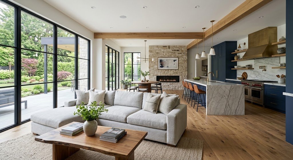 Salón reformado con chimenea de piedra y cocina abierta